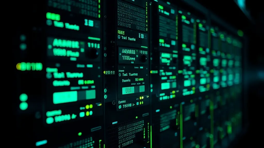 Highly detailed macro shot of a server rack with glowing gre